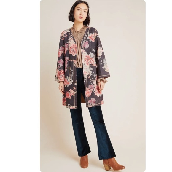 Anthropologie Solitaire Women’s Suede Floral Kimono Duster Size M Boho Jacket - Picture 1 of 12